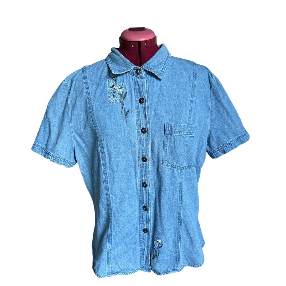 Vintage‎ Bobbie Brooks Size XL 100% Cotton Daisy Embroidered Denim Button Top
